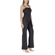 Rinascimento black satin sleeveless jumpsuit with square neckline thin spaghetti straps and flared legs