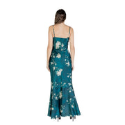 Rinascimento green floral strap dress in teal satin with cream white floral pattern thin straps and mermaid silhouette