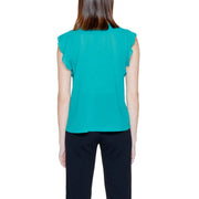 Rinascimento green sleeveless blouse for women featuring a teal color and delicate ruffled shoulders in lightweight fabric