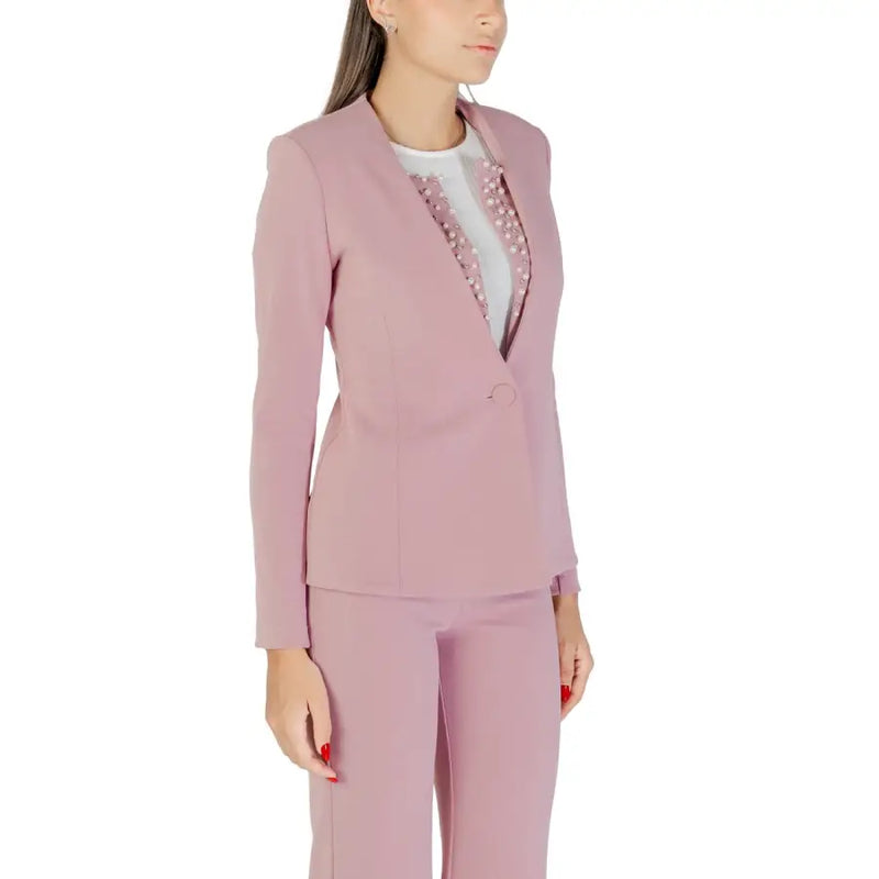 Women’s dusty pink pantsuit with white embellished top in Rinascimento Pink Rhinestone Button Long Blazer