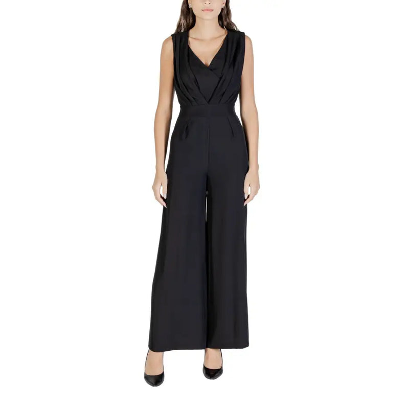 Rinascimento sleeveless black wide-leg jumpsuit with draped v-neckline and high-waisted design in elegant fabric