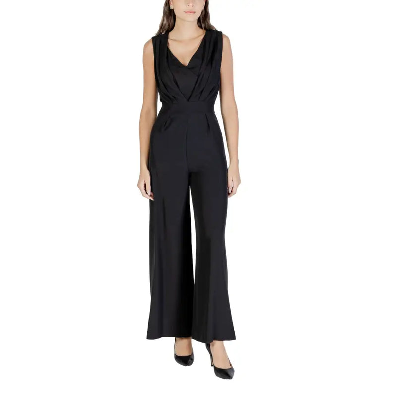 Black sleeveless rinascimento jumpsuit with draped v neckline and wide leg trousers in lightweight fabric