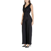 Rinascimento Sleeveless Black V Neck Jumpsuit with draped neckline and wide-leg pants