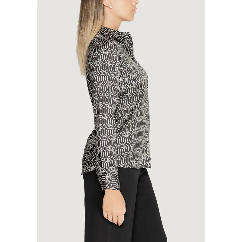 Rinascimento women polyester long sleeve shirt black featuring a black and white geometric pattern and ruffled collar