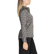 Rinascimento women polyester long sleeve shirt black featuring a black and white geometric patterned blouse with high collar