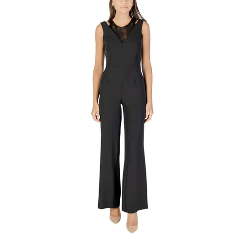 Rinascimento women sleeveless black jumpsuit with sheer mesh neckline and flared legs for fall winter wear
