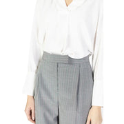 Rinascimento women’s pink pinstripe trousers featuring high-waisted gray pinstripe pleated front and structured belt loop