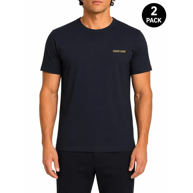 Marineblaues, kurzärmeliges Baumwoll-Unterhemd mit goldgesticktem Roberto-Cavalli-Logo auf der linken Brust für Herren