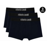 Dreierpackung marineblauer Roberto Cavalli Baumwoll-Boxershorts mit schwarzem Gummibund und weißem Logo-Schriftzug