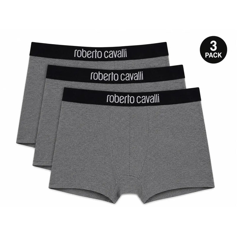 Graue Boxershorts von Roberto Cavalli für Herren aus meliertem Baumwollgewebe mit schwarzem Bund und weißem Markenlogo.