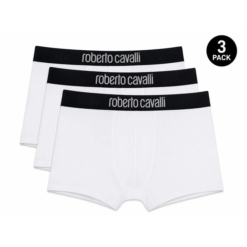 Weiße Roberto Cavalli Baumwoll-Boxershorts mit schwarzem Gummibund und silbernem Markenlogo für Herren