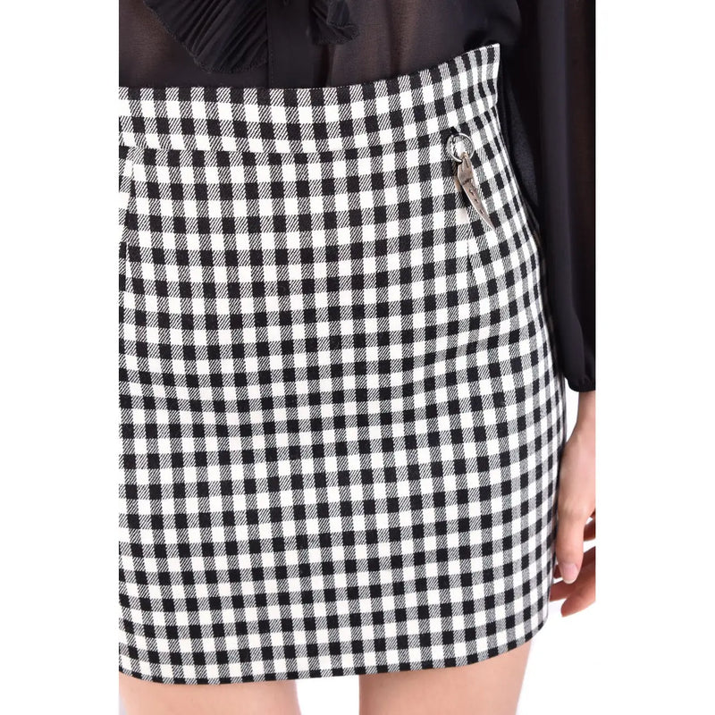 Roberto Cavalli women checked wool blend skirt in black and white with metallic ring detail at the waist