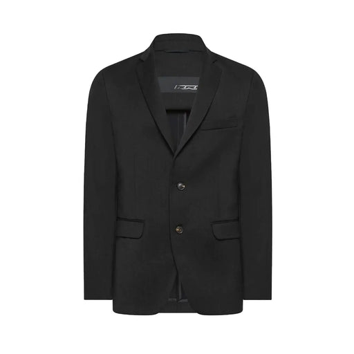 Rrd men blazer black long wool with sleek tailored fit low cut v neck and two front buttons v29819