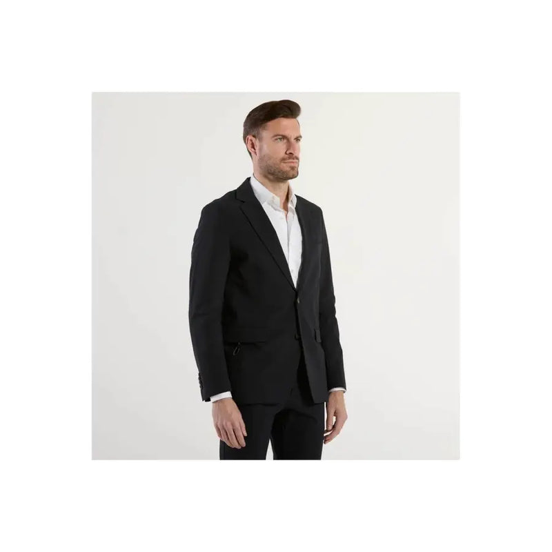 Schwarzer, taillierter Blazer mit fallendem Revers und Ein-Knopf-Verschluss aus blauem Polyamid für Frühjahr/Sommer von RRD Men