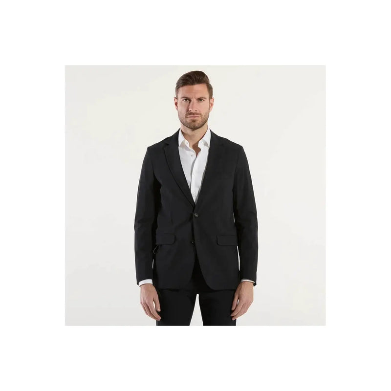 Black tailored blazer by rrd men with single button closure and flap pockets in polyamide for spring summer wear