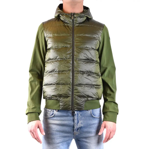 Olive green quilted puffer jacket with hood and zipper closure.