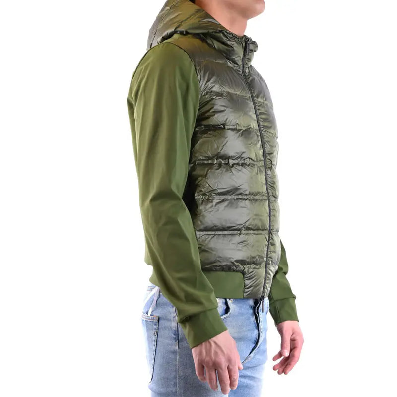 Olive green puffer vest with hood and zipper, made of synthetic material.