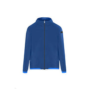 Rrd Herren-Kapuzenblazer, blaue Polyester-Reißverschlussjacke mit hellblauem Besatz und schwarzem Aufnäher am linken Oberarm