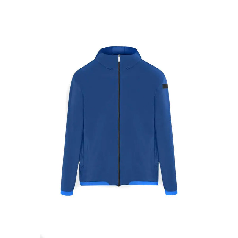 Rrd Herren-Kapuzenblazer, blaue Polyester-Reißverschlussjacke mit hellblauem Besatz und schwarzem Aufnäher am linken Oberarm