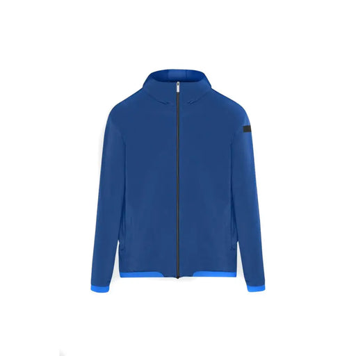 Rrd Herren-Kapuzenblazer, blaue Polyester-Reißverschlussjacke mit hellblauem Besatz und schwarzem Aufnäher am linken Oberarm