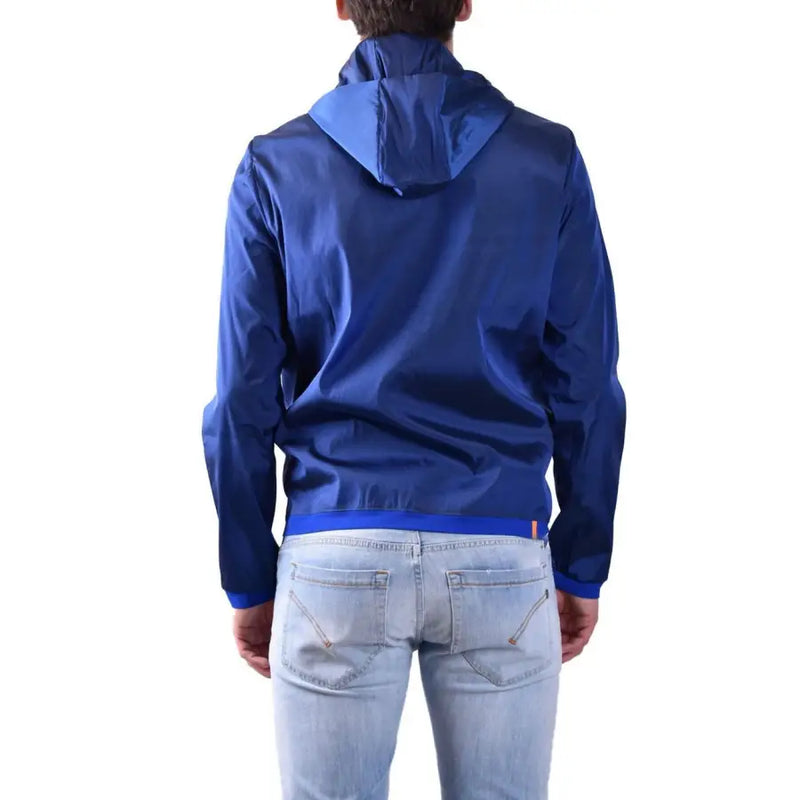 Rrd Herren-Kapuzenblazer, blaue Polyester-Reißverschlussjacke aus glänzendem, leichtem Material mit farblich passendem blauen Besatz an Bündchen und Saum