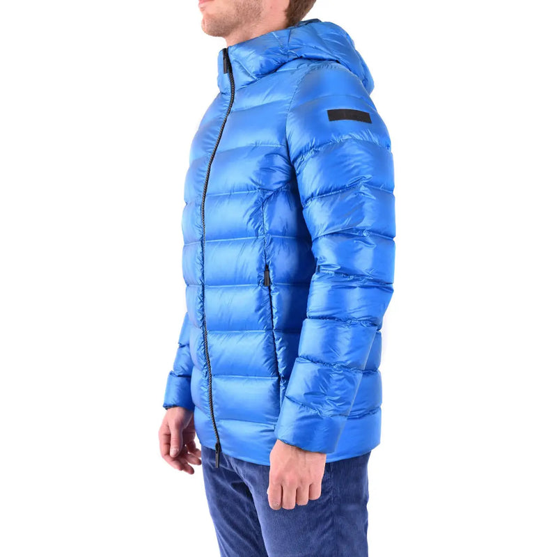 Rrd Herrenjacke, blau, lange, gesteppte Polyamid-Pufferjacke mit Kapuze und schwarzen Reißverschlussdetails für Herbst und Winter