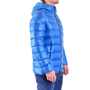 Blaue, gesteppte Polyamid-Daunenjacke von Rrd mit Kapuze und schwarzem Reißverschluss für Herbst und Winter
