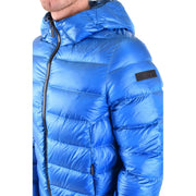 Rrd Herrenjacke, blau, lange, gesteppte Polyamid-Pufferjacke mit Kapuze und schwarzen Reißverschlussdetails für Herbst und Winter