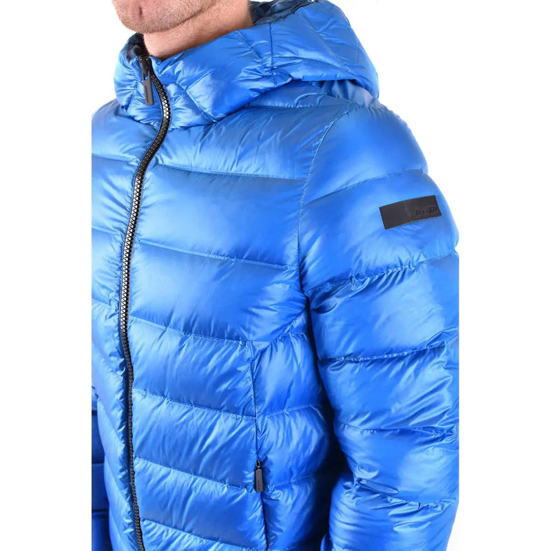 Rrd Herrenjacke, blau, lange, gesteppte Polyamid-Pufferjacke mit Kapuze und schwarzen Reißverschlussdetails für Herbst und Winter