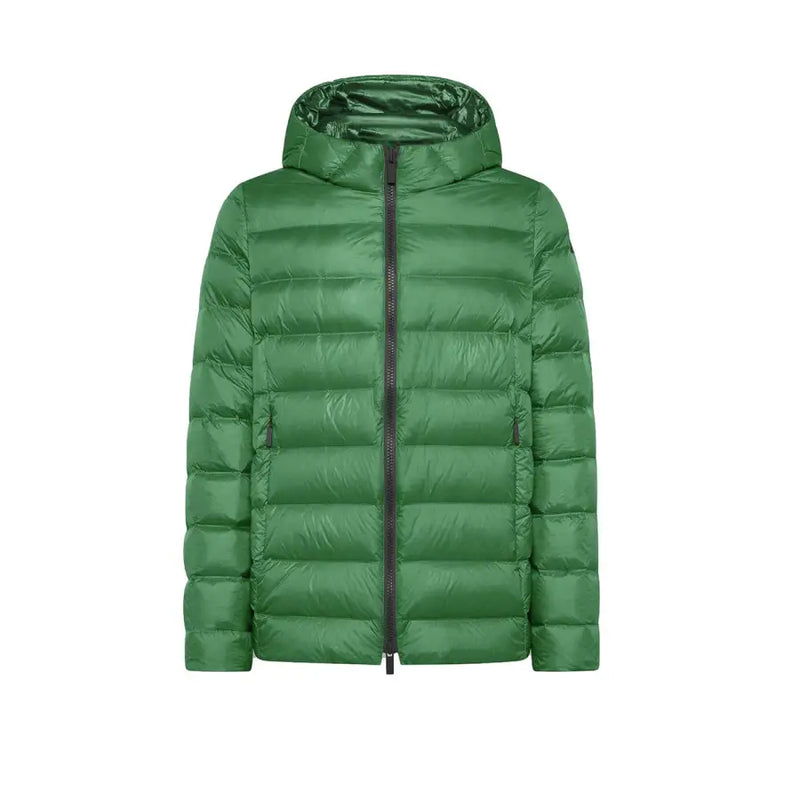 Green puffer jacket with hood and zipper, likely made of synthetic material for warmth.
