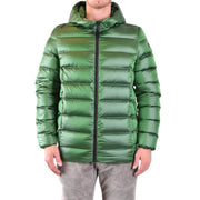 Green moncler down jacket with hood and zipper.
