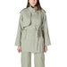 Women’s sage green belted trench coat displayed with a stylish belt and classic design