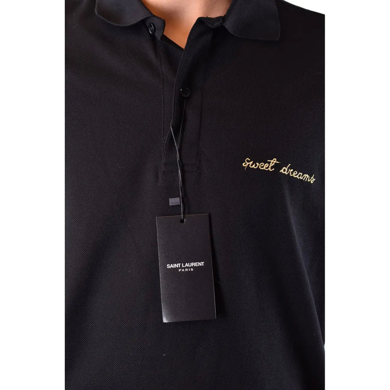 Schwarzes Baumwollpolohemd von Saint Laurent für Herren mit goldbesticktem „Sweet Dreams“-Motiv, Vorderansicht
