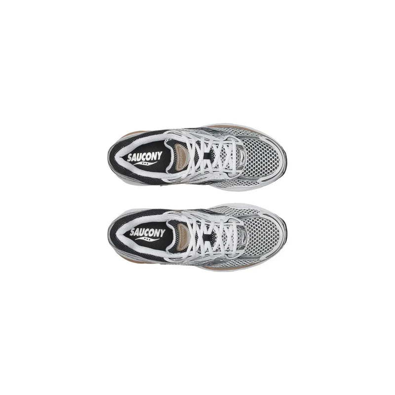 Silver and black saucony unisex running shoes with mesh upper and white laces synthetic material progrid omni 9