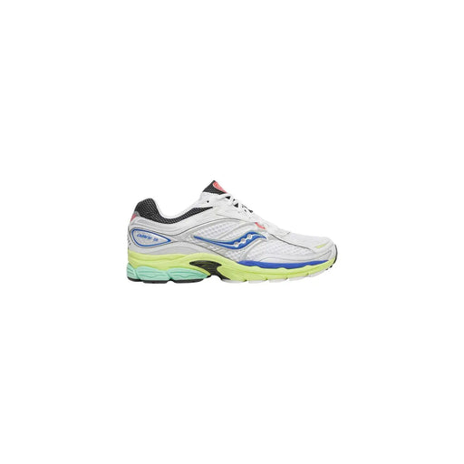 White saucony cohesion 10 running shoe with blue and neon green accents featuring synthetic material and progrid support