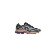 Saucony women white synthetic sneakers Progrid Omni 9 with dark navy mesh upper, silver accents, and pink midsole detailing