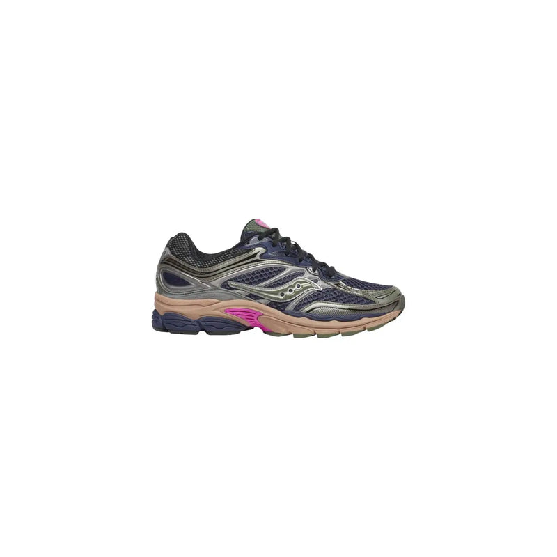 Saucony women white synthetic sneakers Progrid Omni 9 with dark navy mesh upper, silver accents, and pink midsole detailing