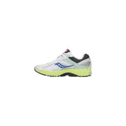 Saucony women white synthetic sneakers progrid omni 9 with mesh upper and rubber sole featuring blue and neon yellow accents