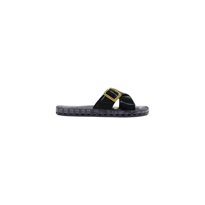 Black glossy strap slide sandal with gold-tone buckle and translucent rubber sole from sensi women pink pvc slippers sorrento flamingo collection