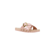 Pink translucent pvc jelly slide sandal with gold-tone buckle and cross-over straps from sensi women slippers