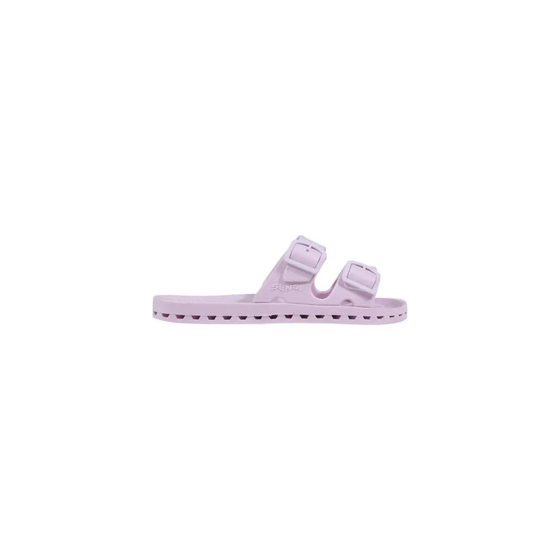 A soft lavender two-strap slide sandal with molded rubber sole and adjustable buckle closures from Sensi Women PVC Slippers