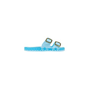 Transparent light blue Sensi women PVC slippers featuring two gold-tone buckle straps with an open toe design