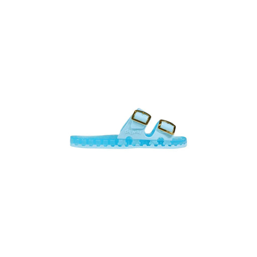 Transparente, hellblaue Sensi Damen-PVC-Slipper mit zwei goldfarbenen Schnallenriemen und offenem Zehenbereich
