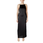 Sleeveless black satin maxi dress with thin spaghetti straps and square neckline for elegant evening wear