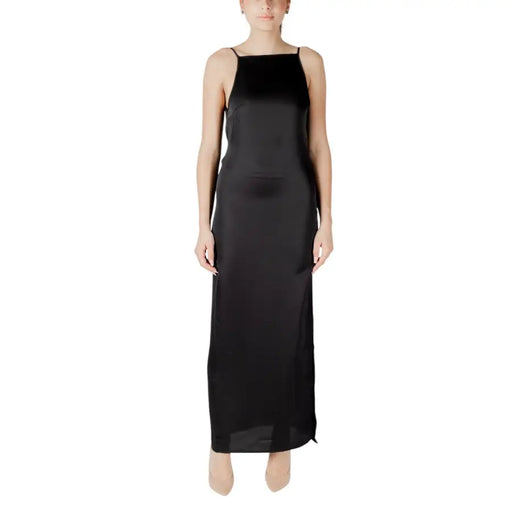 Sleeveless black satin maxi dress with thin spaghetti straps and square neckline for elegant evening wear