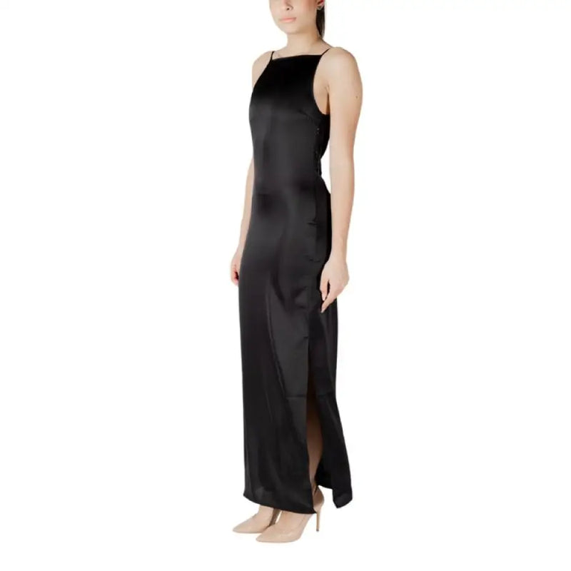 Sleeveless black satin maxi dress displayed in a product image with elegant design