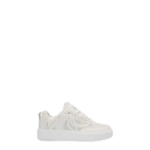 Stella McCartney white leather slip on sneakers for women with gray abstract cutout and thick platform sole