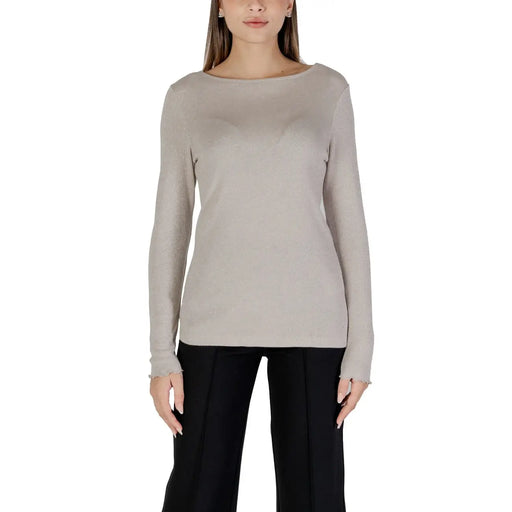 Street One beige long round neck knit sweater for women with boat neckline and frayed cuffs in long sleeve design