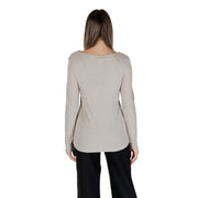 Street One beige long round neck knit sweater for women with a relaxed fit and long sleeves