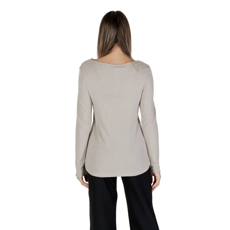 Street One beige long round neck knit sweater for women with a relaxed fit and long sleeves